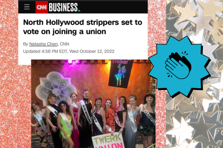 CNN Headline and photo of strippers on the picket line looking fierce; poster reads "twerk union"